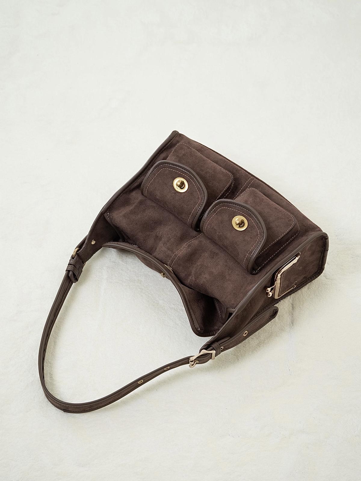 Women's Fashion Bag-Vintage Gold Plated Lock Multi-Pocket Single Shoulder Pillow Bag Retro Artistic Casual Wide Shoulder Strap Large haversack Bag Brown crossbody  bag