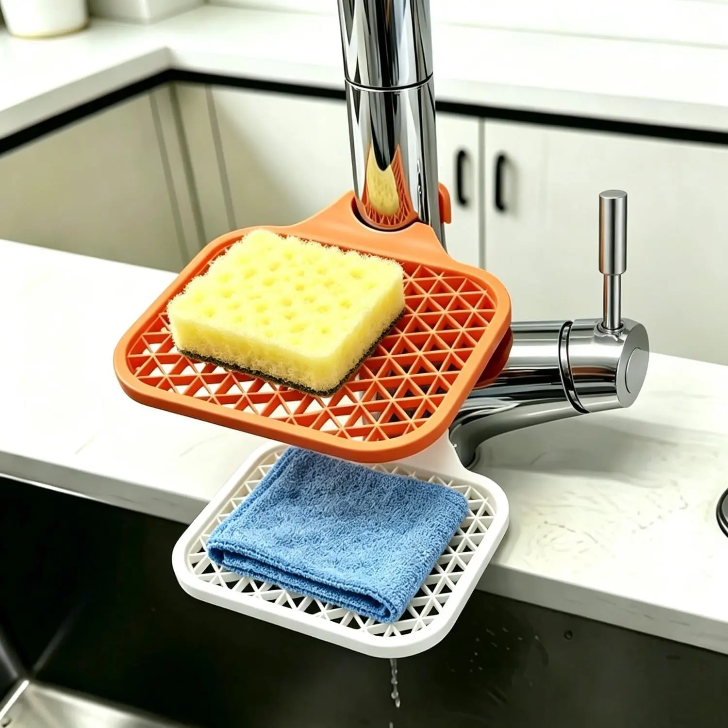 2-Pack Silicone Faucet-Mounted Sink Drain Organizer for Sponge, Scrubber & Dishcloth, Orange & White