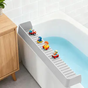 2.6 FT Grey Silicone Kids Bathtub Splash Guard Play Shelf with 11 Suction Cups, Prevents Bathroom Water Spills