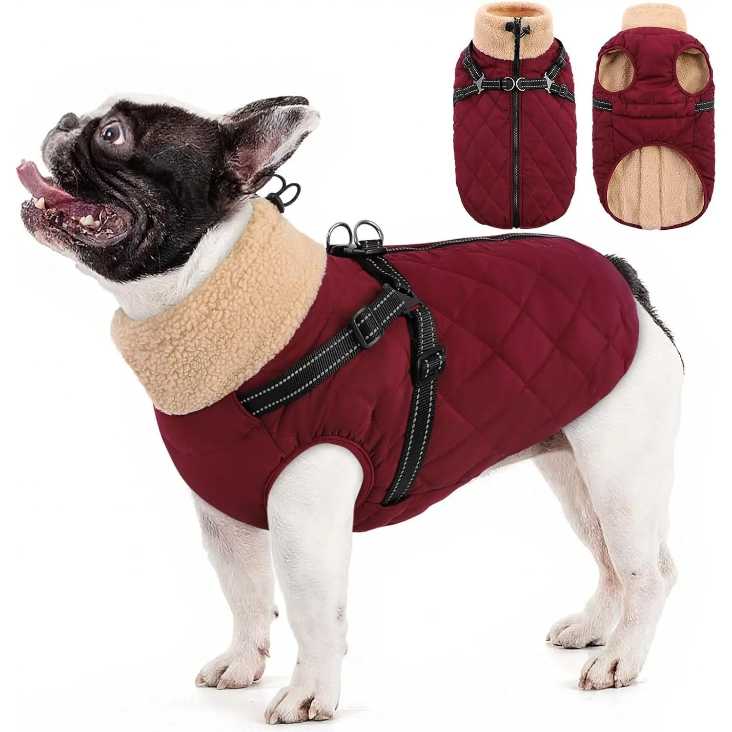 Dog Jackets for Medium Dogs, Dog Coat with Harness Built in, Waterproof Pet Winter Coat with Zipper On Back Doggy Snowsuits Warm Soft Pet Jacket for French Bulldog, Poodle, Corgi, Burgundy M