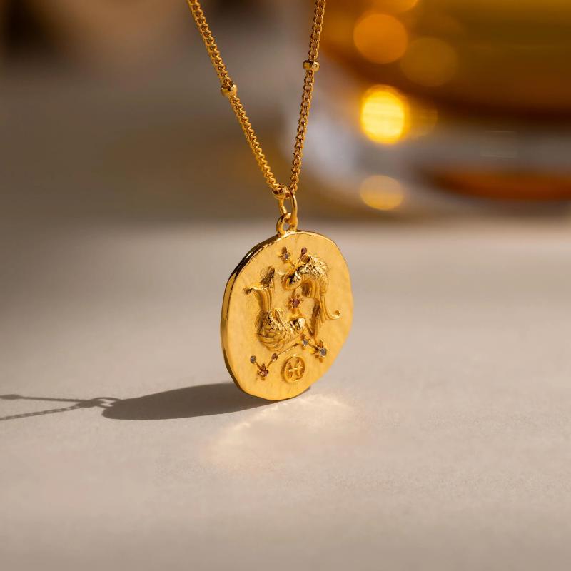 Zodiac Coin Necklace by Caitlyn Minimalist - Celestial Gemstone Pendant Necklace - Gold Plated Constellation Necklace - Summer Jewelry - Birthday Gift.