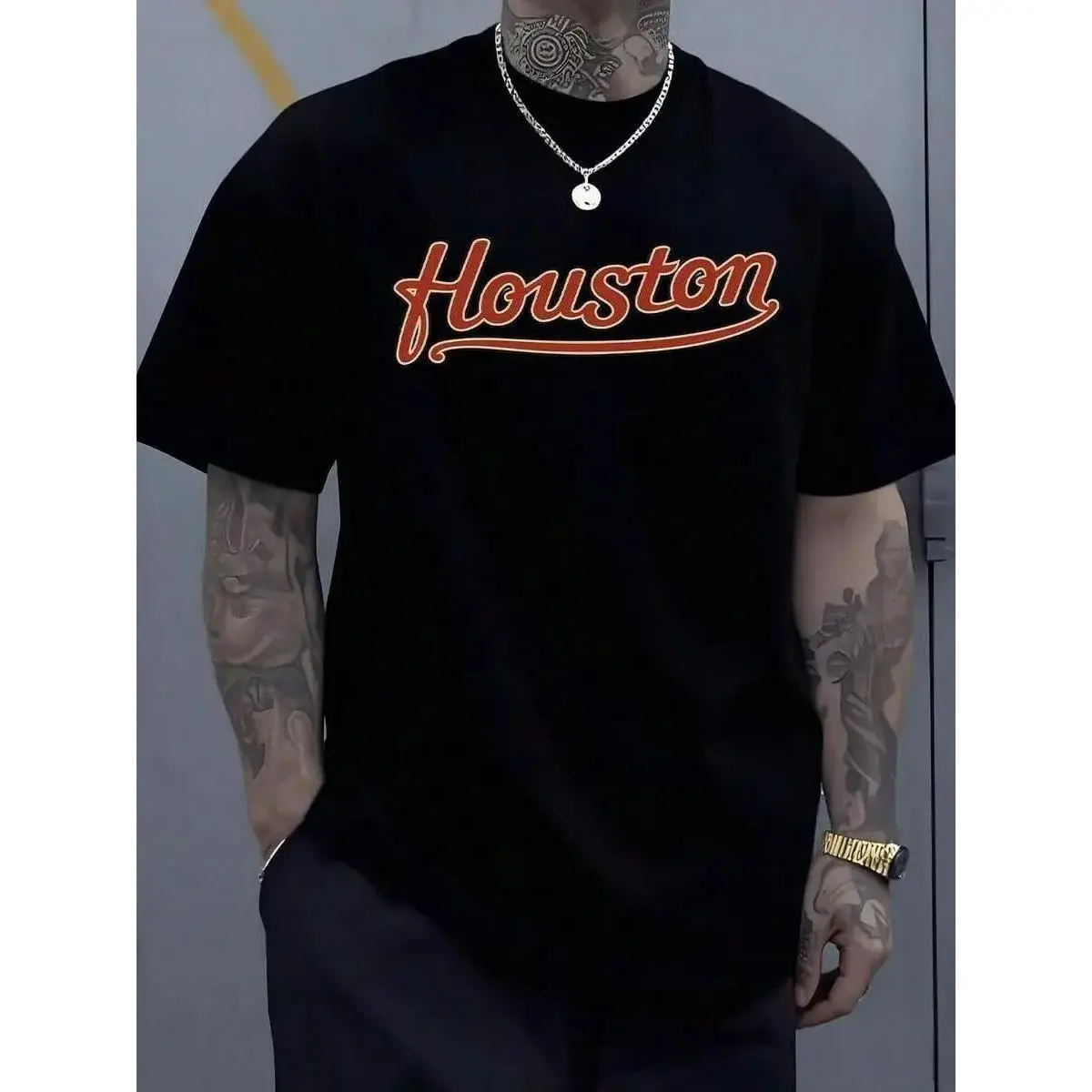 Men's  Houston Text Print Sporty Graphic Print Sports T-Shirt - Oversized Summer Short Sleeve Streetwear Top, Daily Wear, Dry Clean Compatible, Sporty Sports T-Shirt, Text Print Sports T-Shirt