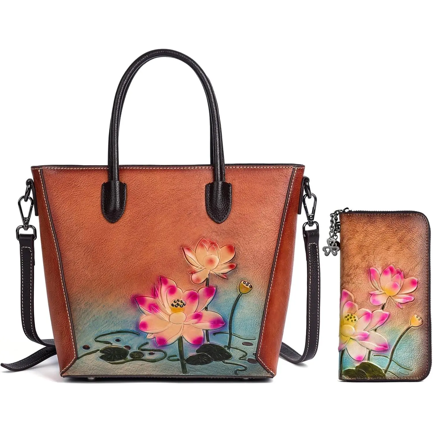 Women's 2-Piece Genuine Cowhide Lotus Flower Crossbody/Satchel Set, Hand-Embossed Floral Bag with Matching RFID-Protected Leather Wristlet, Detachable Strap for Work/Travel
