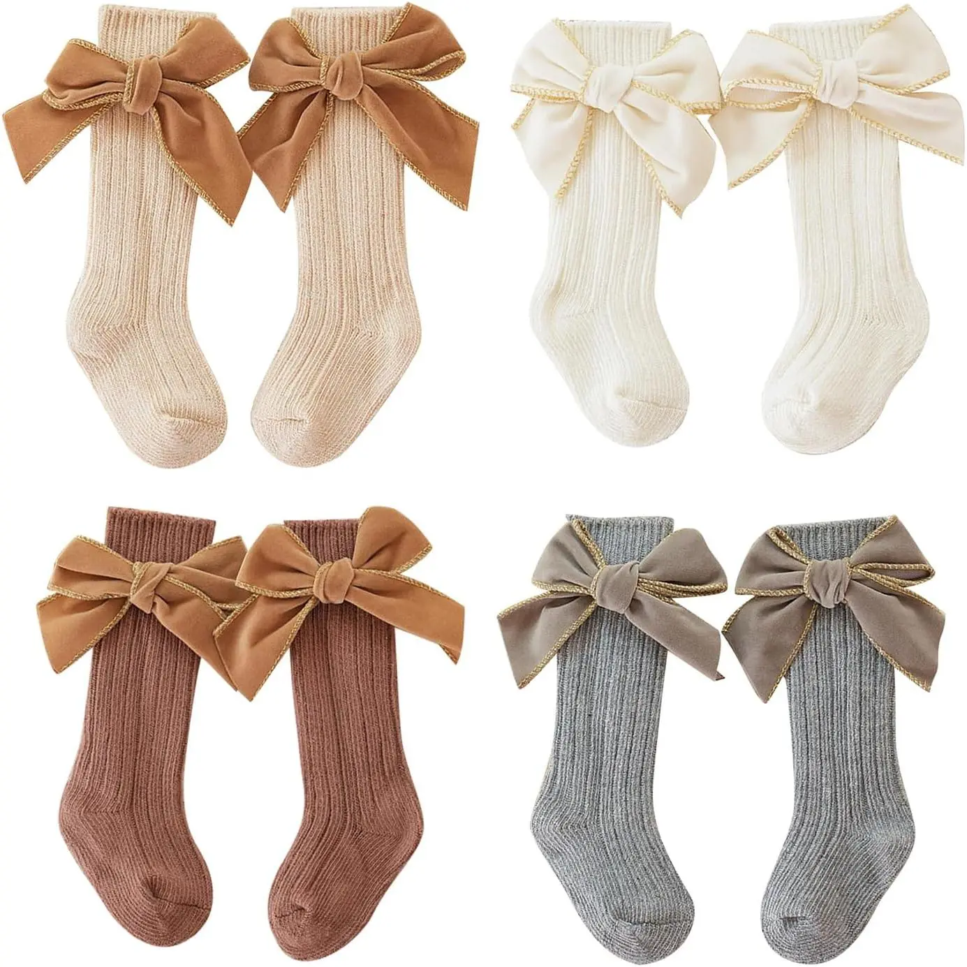 Baby Girls' 4-Pack Cotton Knee High Tube Socks with Bows & Ruffles, Affordable All-Season Infants Toddlers Stockings for 0-12 Months (New Model), No, Fast Shipping