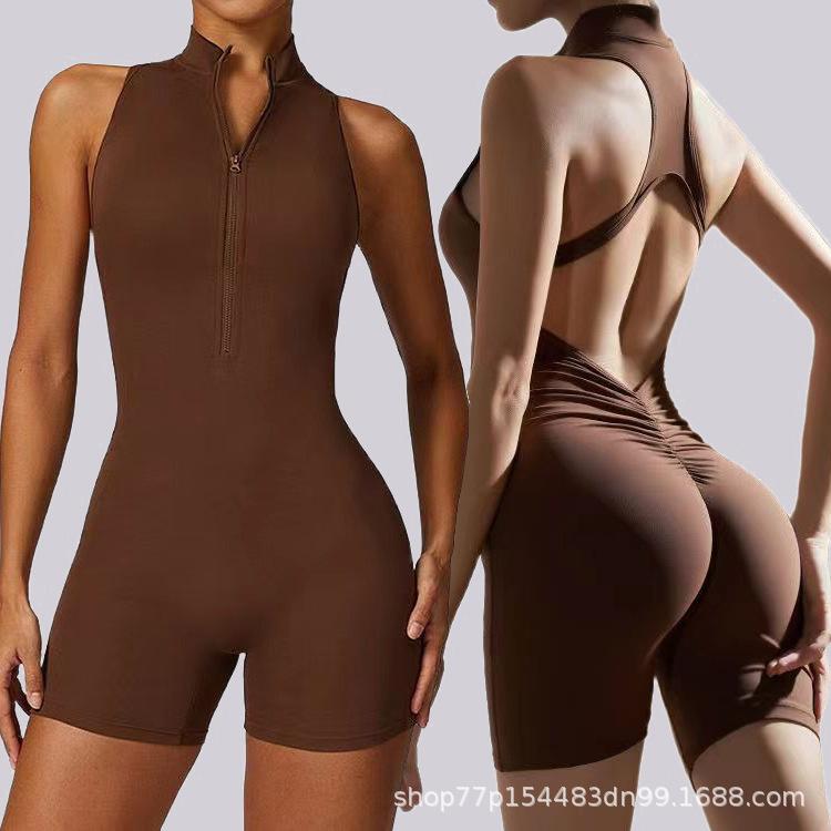 Popular cross-border European and American high-elasticity sports fitness zippered jumpsuit, naked-feel tight-fitting one-piece yoga outfit