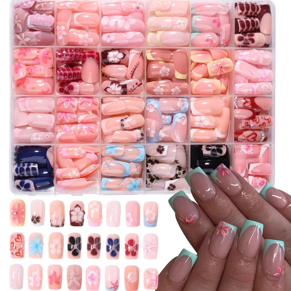 576pcs Short Square French Press-On Nails, 3D Gel Flowers, Peony Nail Art, Polka Dot and Leopard Patterns, Acrylic False Nails Set