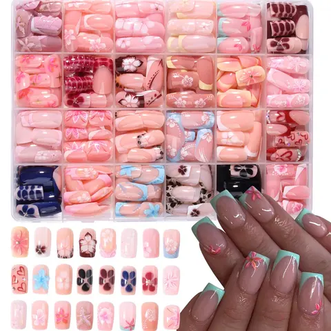 576pcs Short Square French Press-On Nails, 3D Gel Flowers, Peony, Polka Dot and Leopard Print Nail Art Designs, Acrylic False Nails Set, Full Cover Nails