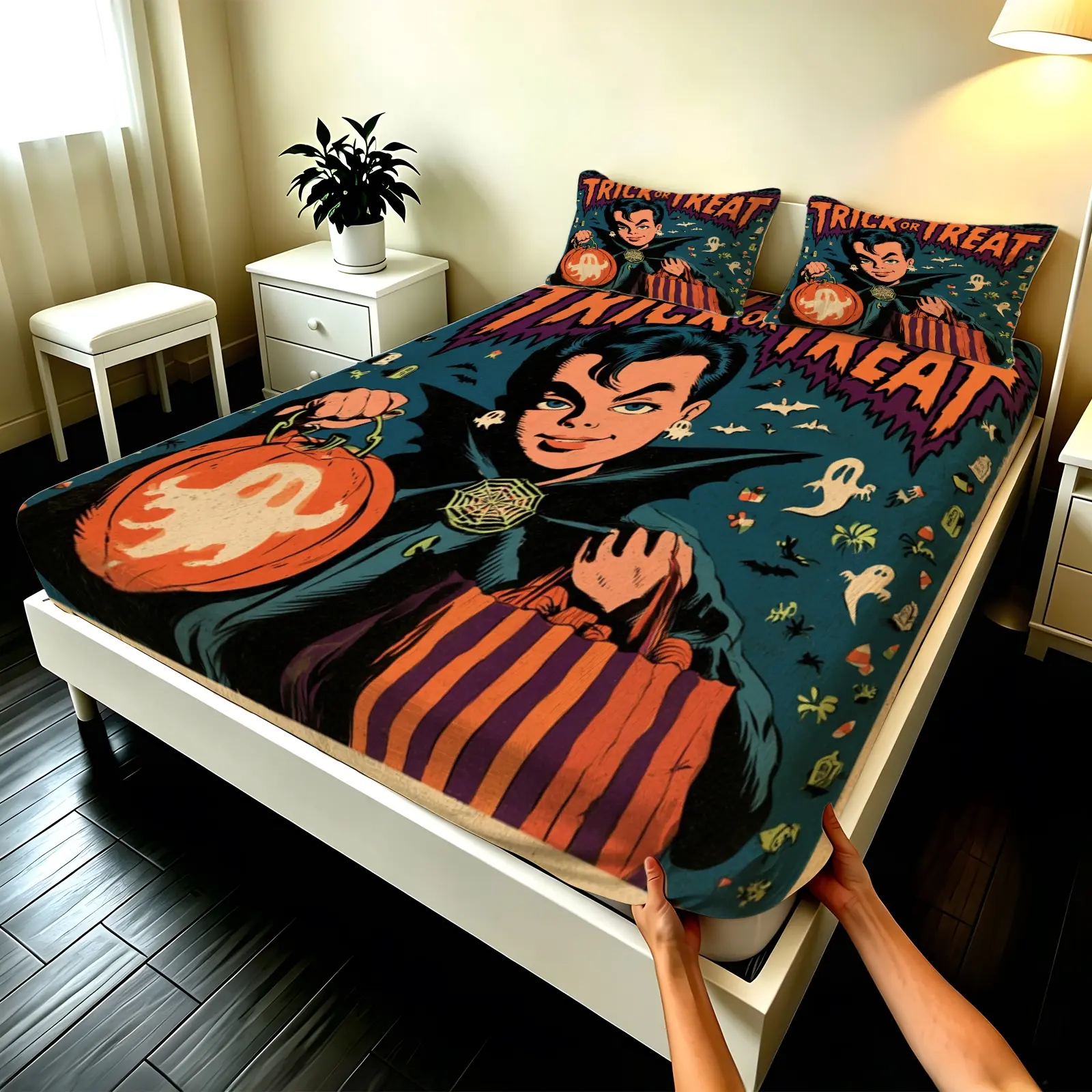 3pcs Fitted sheet Halloween Vintage Trick or Treat Comic Print Bedding Set, Bedsheet Set, Soft Microfiber Breathable Wrinkle Resistant Fade Proof Durable Bedroom Home Bed Cover Set, Fit Twin Full Queen King Size (Excluding filling and pillow inner)