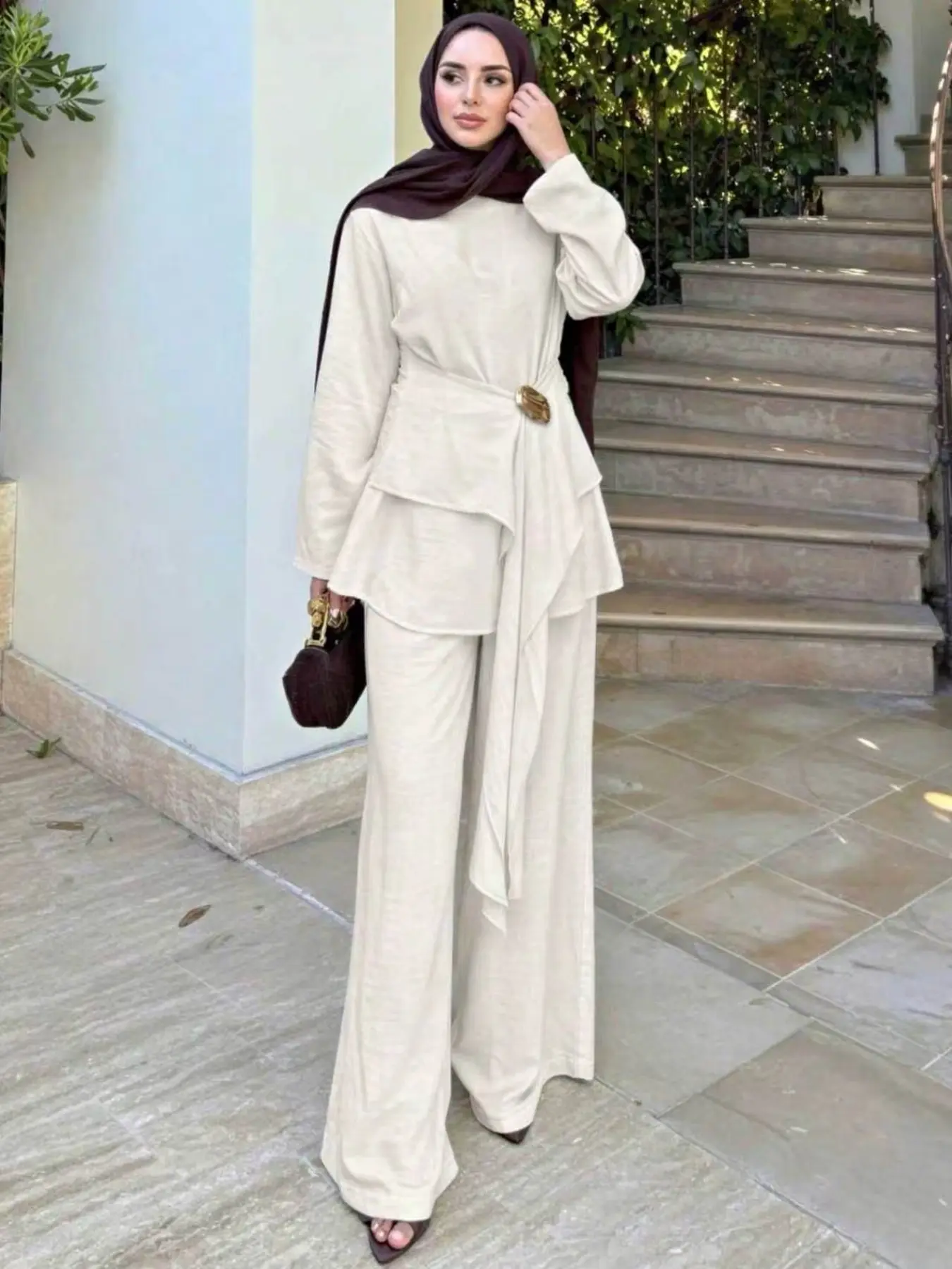 Cream Round Neck Long Sleeve Top, Asymmetrical Ruffle Hem, High Waist Wide Leg Pants Set, Metal Buckle Belt, Conservative Muslim Women's Two Piece Set Women