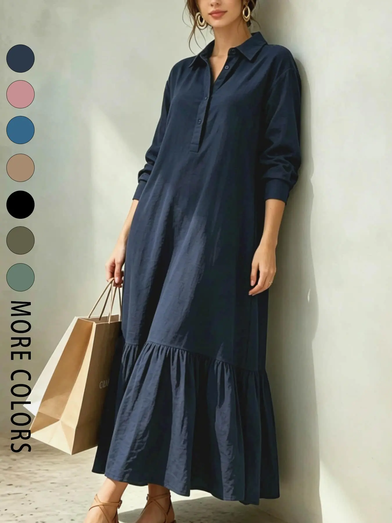 A women's fashionable, gentle, casual comfy chic, lazy style solid color dress with a shirt collar twist button design, suitable for summer, daily commuting, beach travel, dates, picnics, etc.