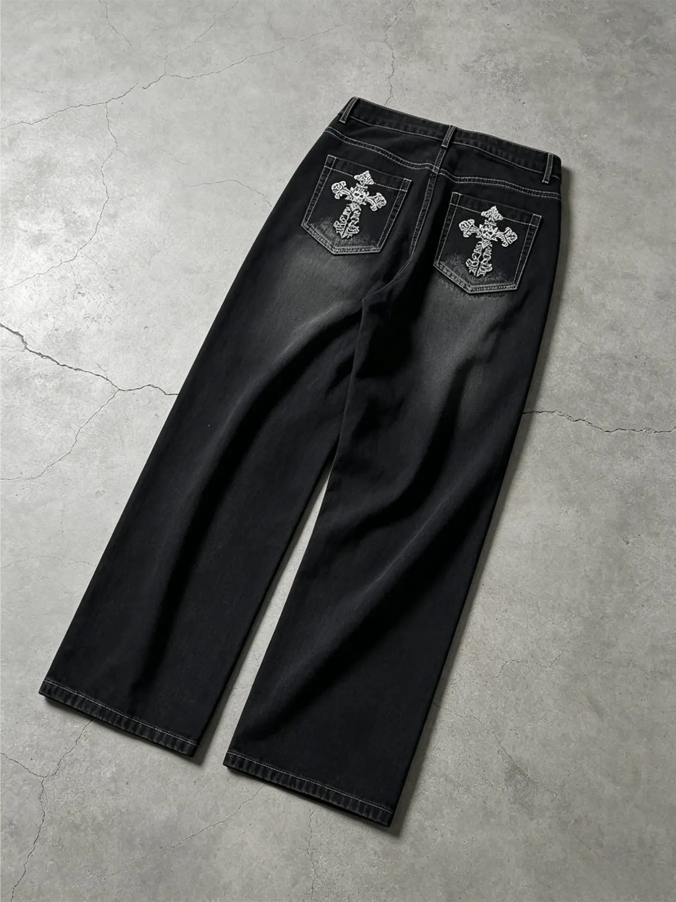 Vintage Washed Gradient Straight Leg Jeans, Retro Cross Stitch, Loose Fit, Street Style, All Seasons, Casual Long Pants