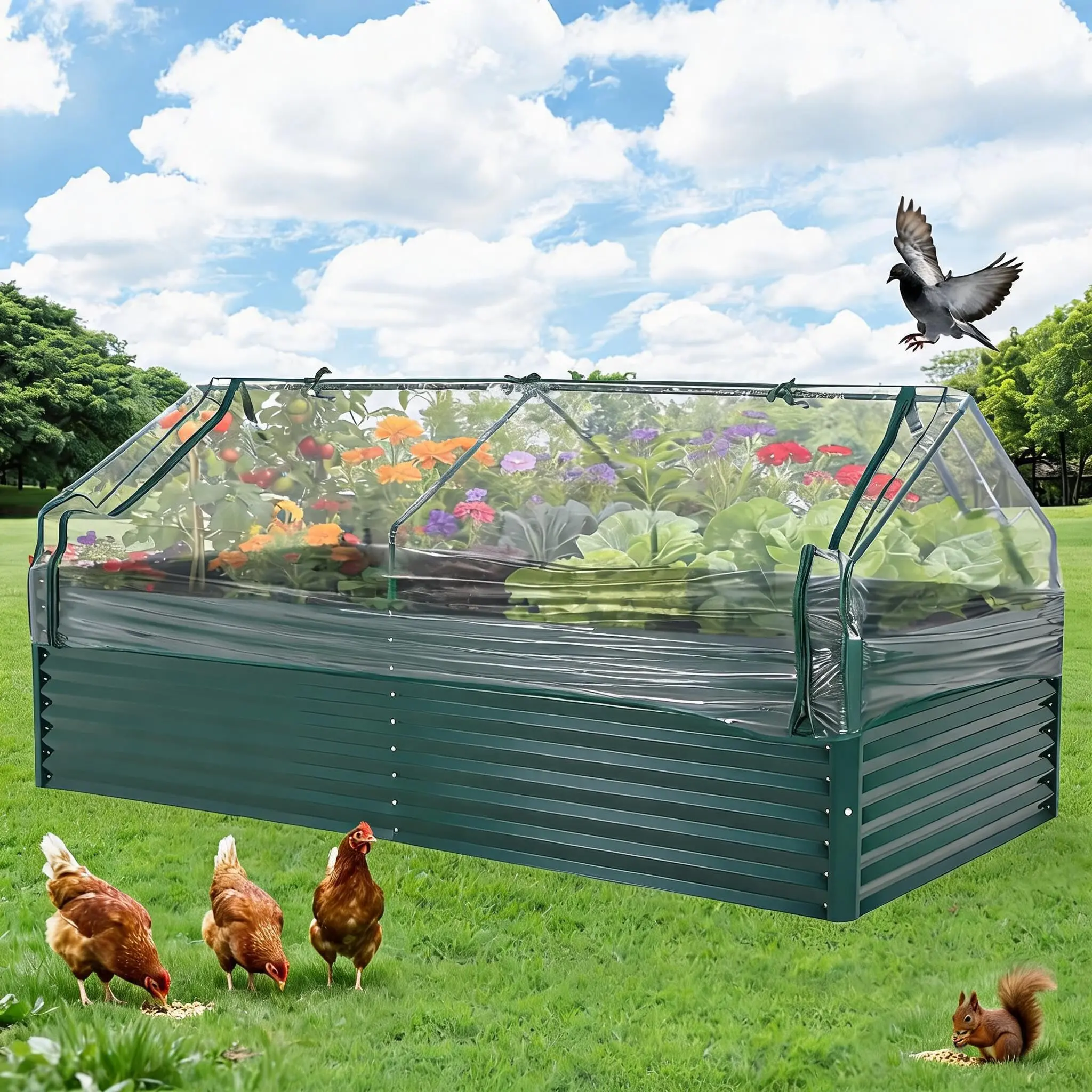 GARVEE Galvanized Thick Steel Raised Garden Bed Kit - 8x4x2 ft Dark Green Large Rectangular Planter with Open Base, Zipper Doors Cover, Easy Assembly, Planters for Outside, Vegetable Grower