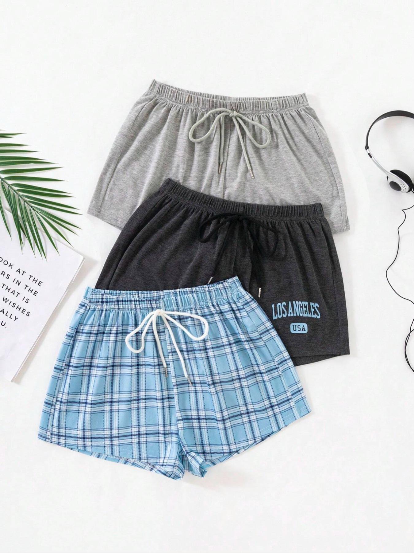 Women's 3pcs Elastic Waist Sleep Shorts, Casual Comfy Pajama Drawstring Waist Sleeping Shorts for Daily Indoor Wear, Women's PJ Bottoms for All Seasons, Summer Outfits 2024