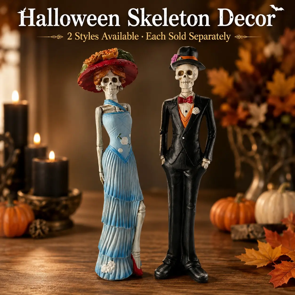 Halloween Skull Ornament, Resin Statue of Groom or Bride, Gothic Desktop Decor, Suitable for Fireplace Shelf, Entryway, Party, Home Decoration