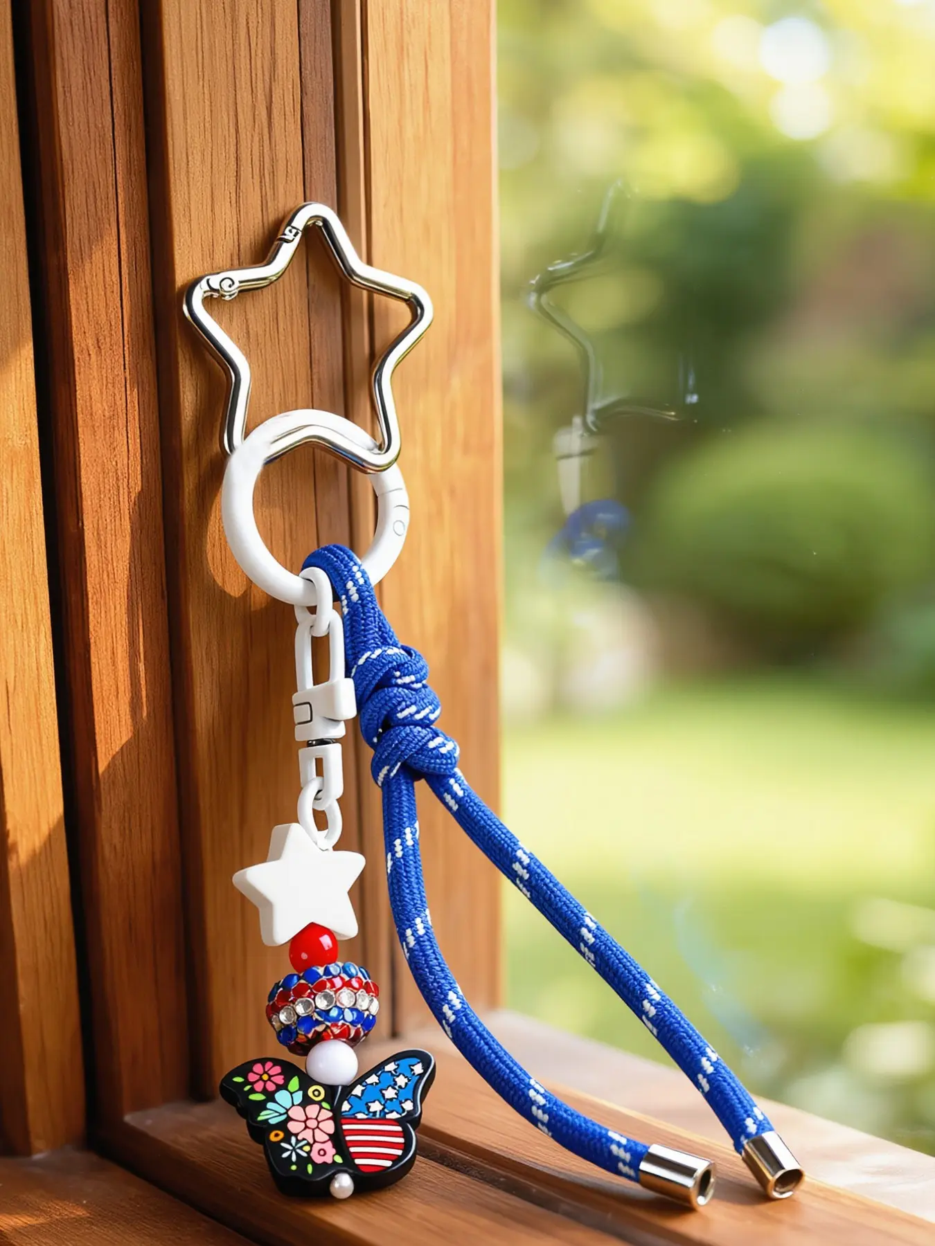 Patriotic Nylon Rope Keychain, Butterfly Keychain, Red White Blue USA Flag Beaded Bag Pendant, Star Carabiner, 4th Of July Independence Day Patriotic Accessory Gift