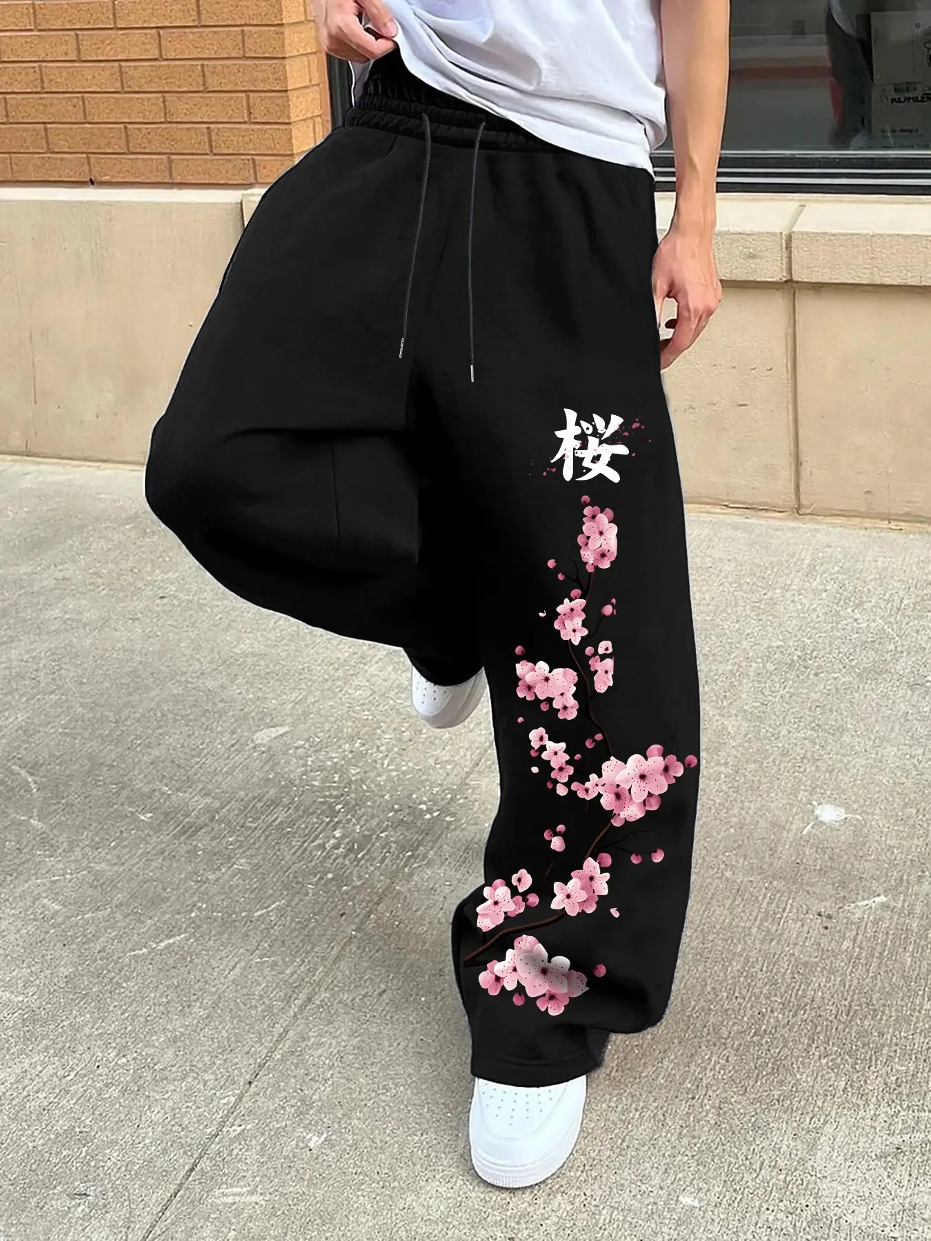 Men's Wide Leg Casual Sweatpants, High Waist Adjustable Drawstring, Floral Print, Breathable Fabric, Perfect for School and Streetwear