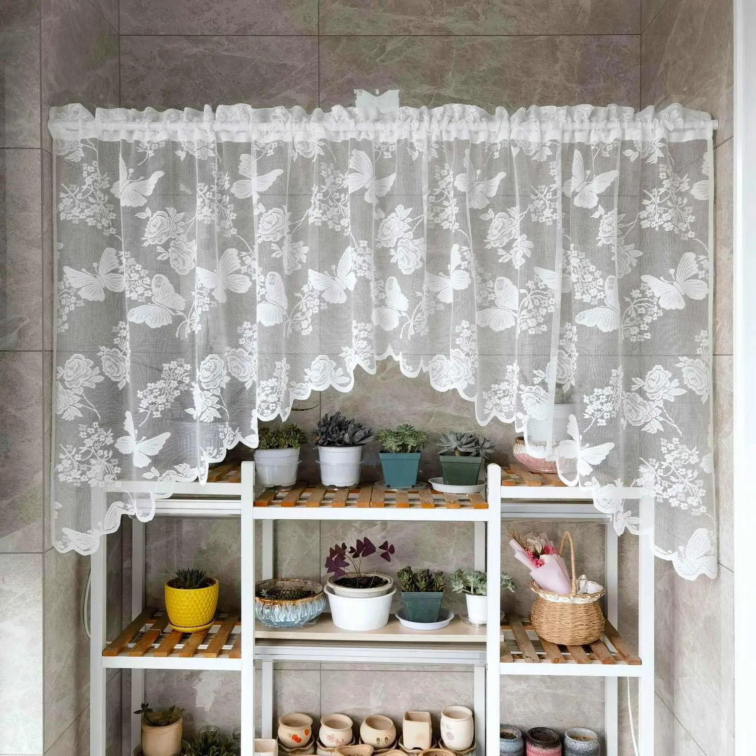 Low Iron Easy Care 2-Panel Sheer Lace Top Curtain Swags, Floral Embroidered Rod-Top Tiers for Window/Door, Indoor Studying Room (White, W59 x L35 in), Lace Styles