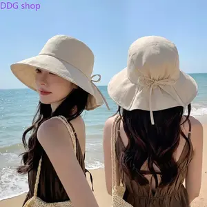 Women's Wide Brim Adjustable Bucket Hat - Bow Decor, Lightweight Breathable UV Protection Cap for Summer Outdoor Beach Use