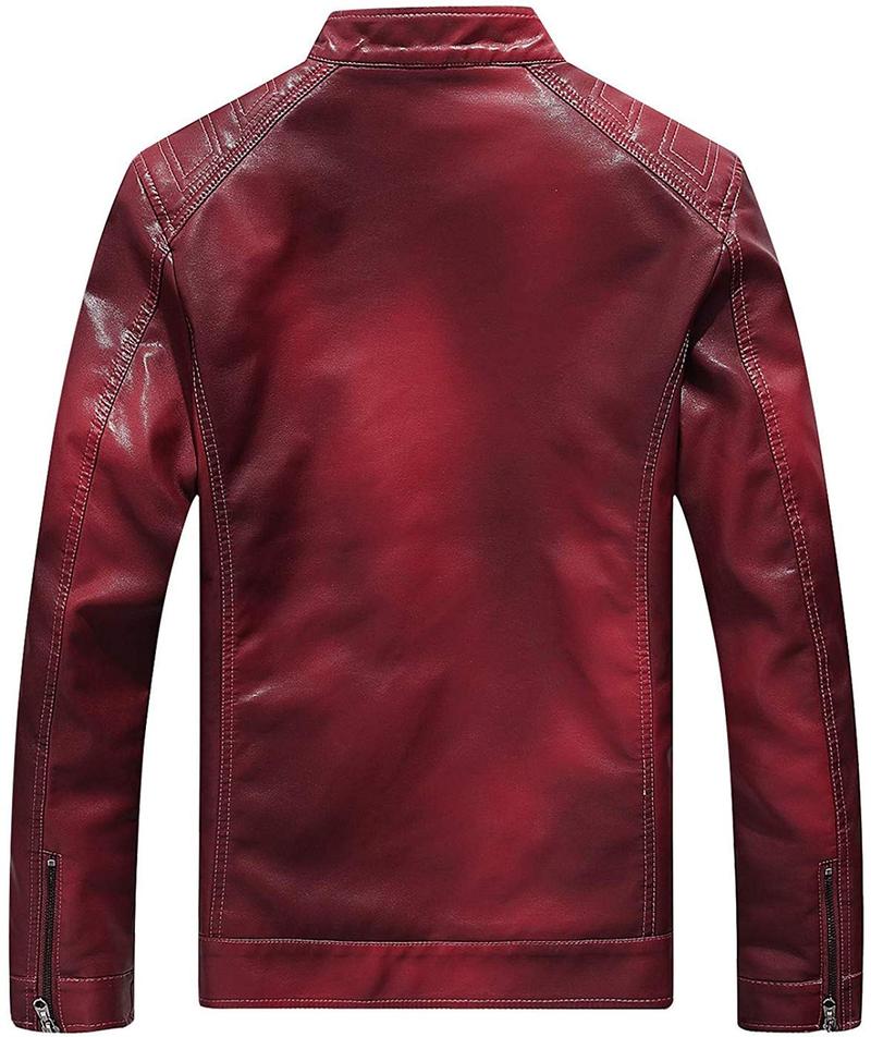 Men's Faux Leather Jacket Vintage with Stand Collar for Motorcycle Biker Riding Bomber Jacket for Men