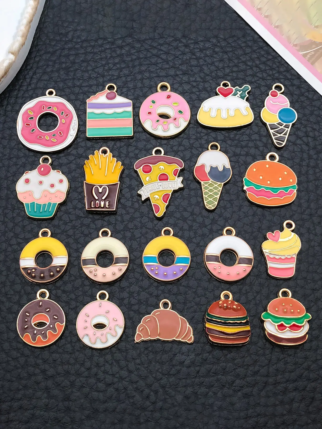 20pcs Cute Enamel Artificial Food Cake Donut Charm Golden Plated Kawaii Dessert Pendant for DIY Jewelry Making Necklaces Earrings Bracelets