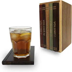 100% Acacia Wood Book-Style Coaster Set, 5-Piece Natural Solid Wood Drink Mats, Aesthetic Display & Heat Protection for Tabletops