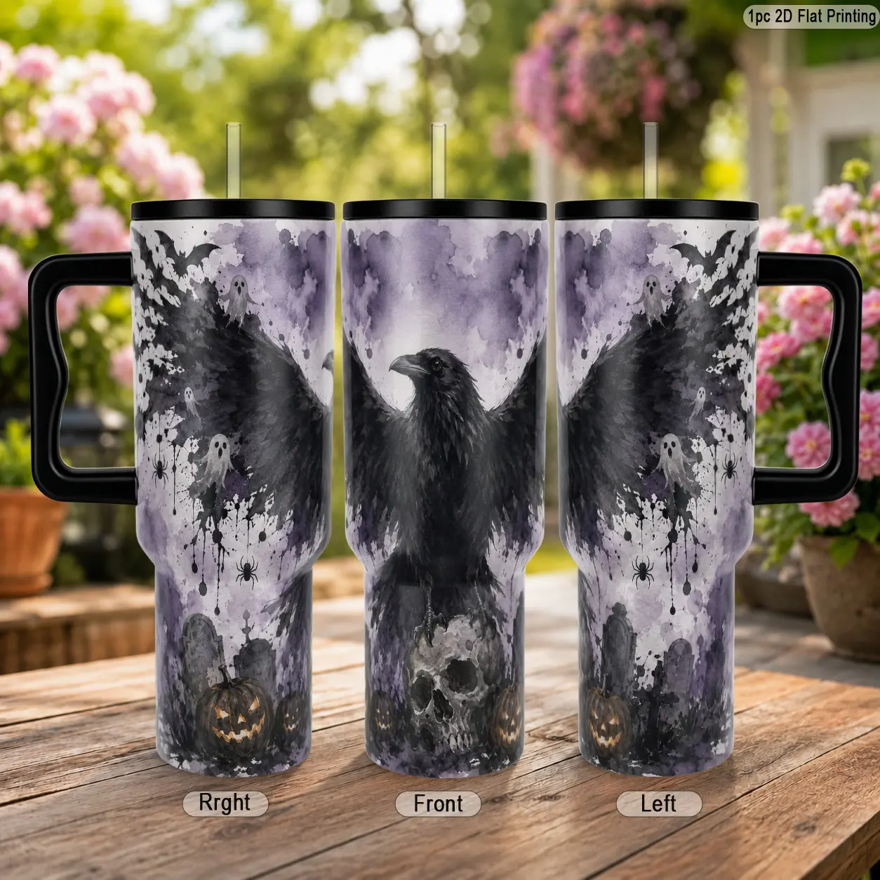 30oz 304 Stainless Steel Vacuum Insulated Tumbler, with Dark Halloween Raven Skull Bat Pattern, Double Wall Heat Cold Retention with Handle Straw, Great for Iced Drinks Coffee, Perfect for Office Commute Travel Halloween Gift