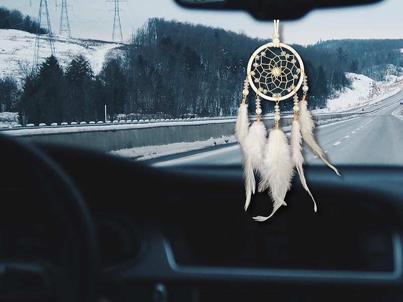 Small Dream Catcher for Car Handmade Boho Hanging Decor for Car Interior Rear View Mirror Feathers Dream Catchers Charms Ornament