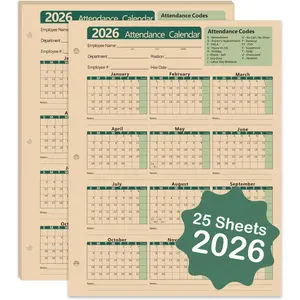 2026 Attendance Calendar Employee Attendance Tracker Record Cards 3-Hole Punched for Binder Thick Cardstock 8.5 x 11 in Letter Size Pack of 25 Sheets