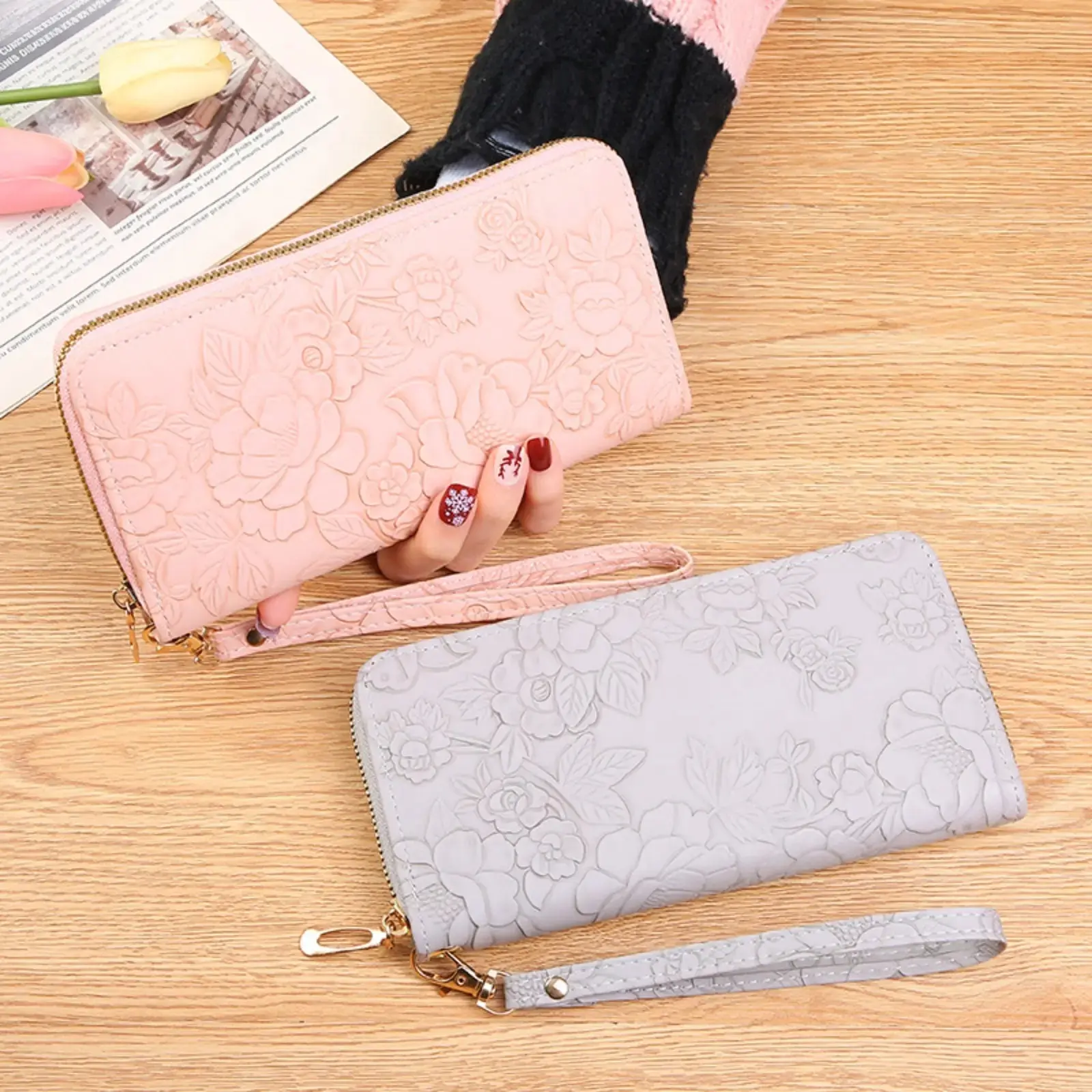 Embossed Zip Wristlet for Women, Minimalist Long Clutch Wallet with a Large Phone Pocket, Slim Lightweight Travel Organizer, Wristlet Pouch, Leather, Travel‑Light Clutch