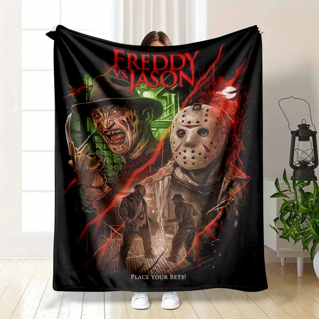 Classic Horror Movie Characters Flannel Throw Blanket, Iconic Villain Rivalry Print, Super Soft Cozy Lightweight Breathable Plush Bedding for Movie Night Snuggling, Halloween Gift, Living Room Decor