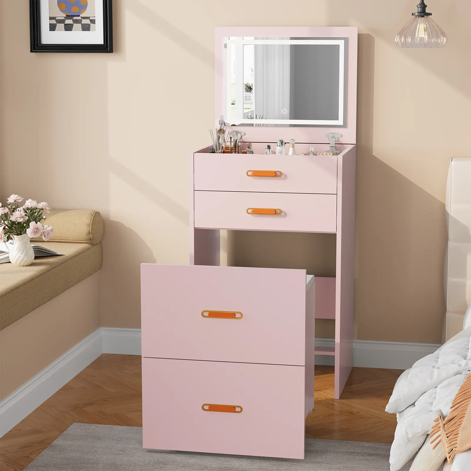 3-in-1 Compact Makeup Vanity Desk with Lighted Mirror & 3 Color Modes, Small Vanity Table Set with Rolling Storage Stool, Space-Saving for Small Room