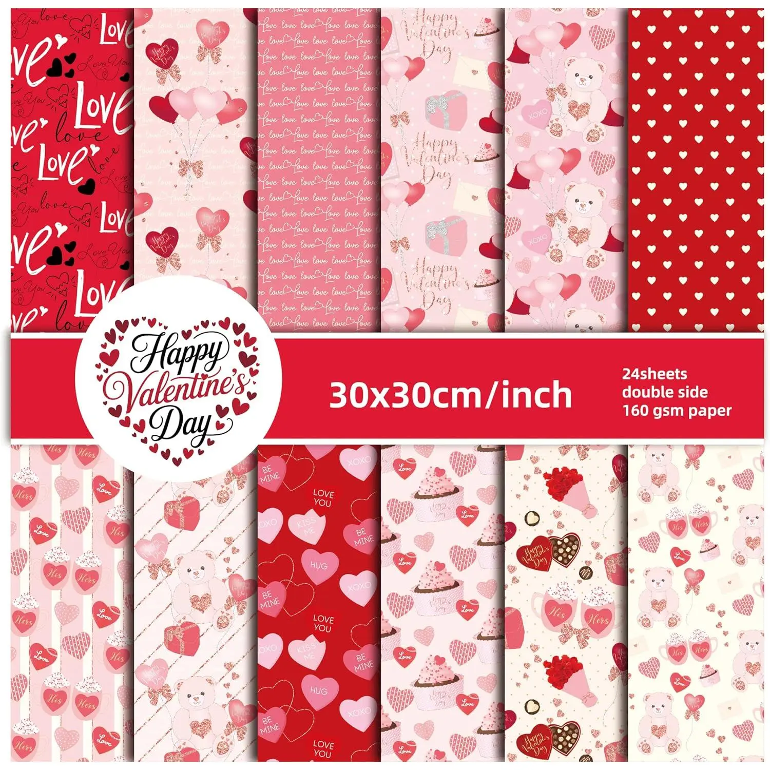 Valentine's Day 12×12 in Scrapbook Paper Pad - Red Love Heart Patterned Cardstock, 24 Sheets for Holiday Cardmaking, DIY Origami, Decorative Crafting
