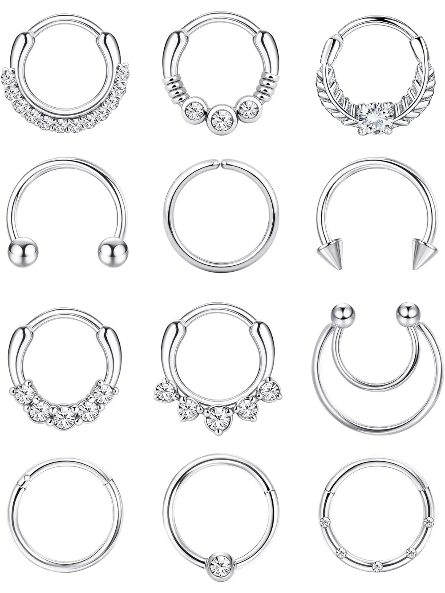 12Pcs 16G Surgical Steel Hinged Clicker Septum Rings for Women Girls, Multipurpose Nose Lip Helix Tragus Conch Piercing Hoops, Hypoallergenic Body Piercing Jewelry, 8MM & 10MM Inner Diameter