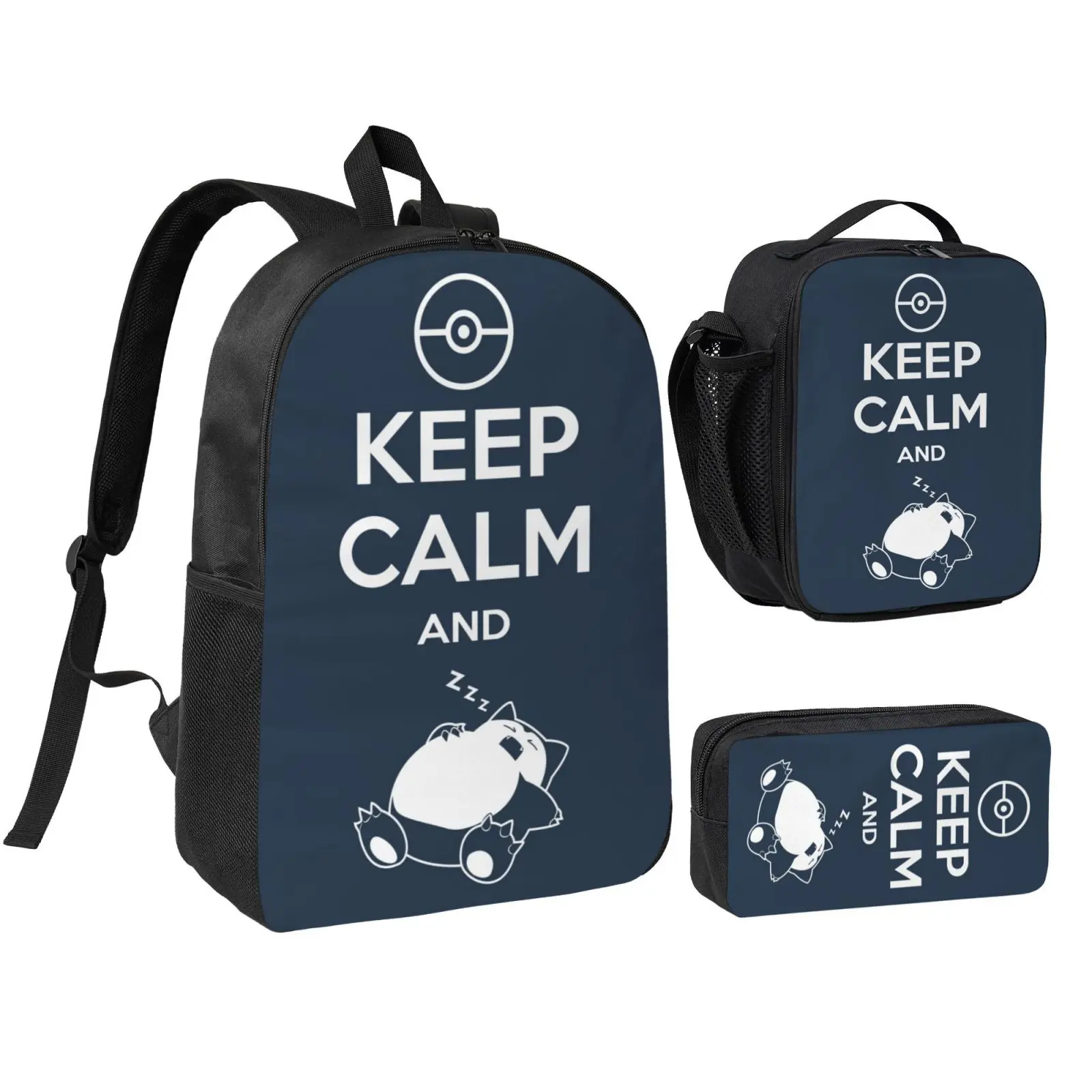 Anime Snorlax3 Kids School Bag Set, Teen Boys Girls Backpack with Adjustable Shoulder Straps, Multipurpose Bookbag with Lunch Box Pencil Bag for School Travel Office Daily Use, Foam, Christmas Gifts