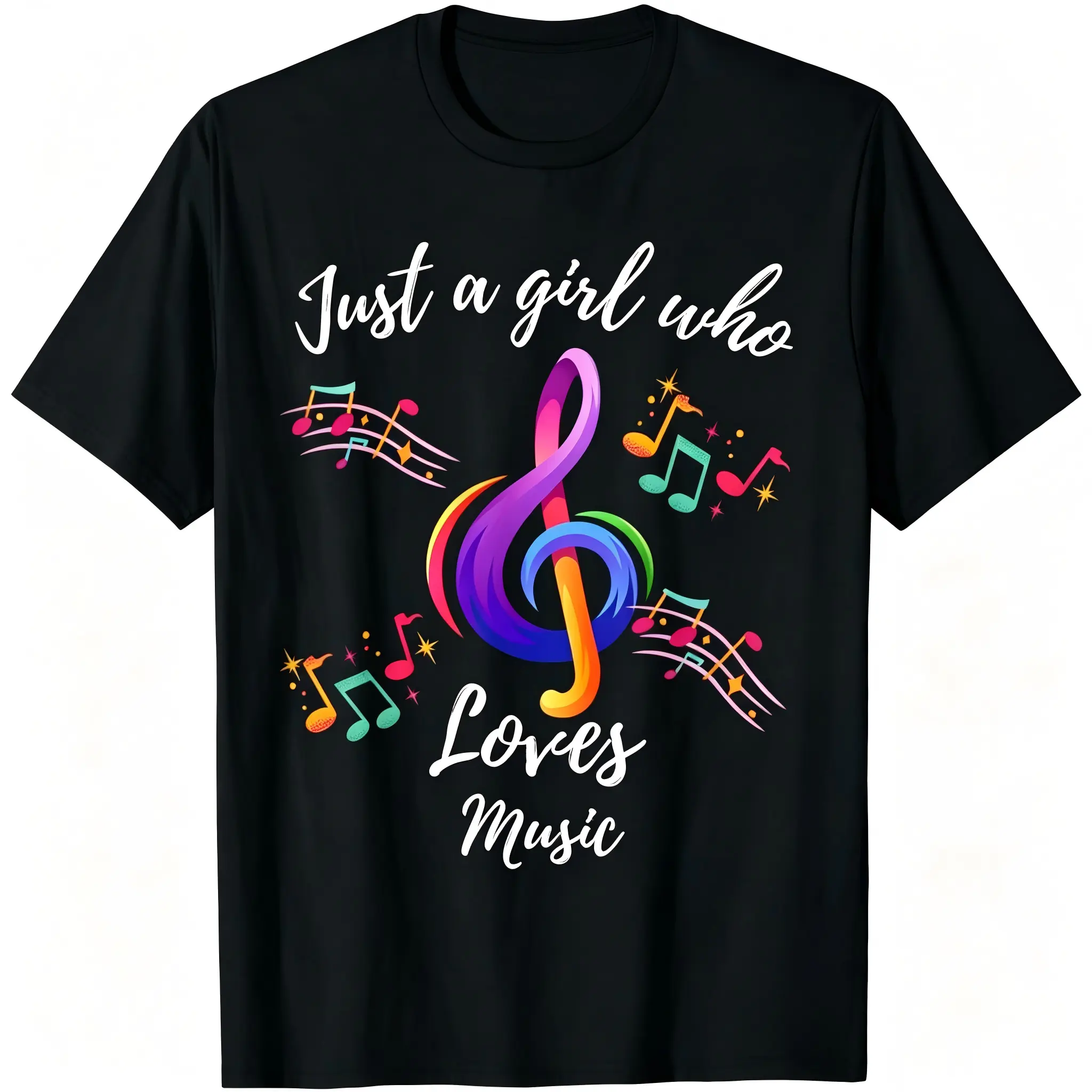 "Just A Girl Who Loves Music" Unisex T-Shirt for Men & Women - Rainbow Treble Clef Musician Graphic, Soft Cotton Crew Neck Short Sleeve, Comfortable All-Season Tee, Perfect Cute Streetwear Gift for Music Lovers, Summer Spring, Machine Washable