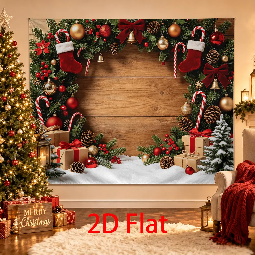Rustic Christmas Backdrop, Wooden Holiday Photography Background with Red Stockings, Garland, Ornaments, Candy Canes, Gifts and Snow