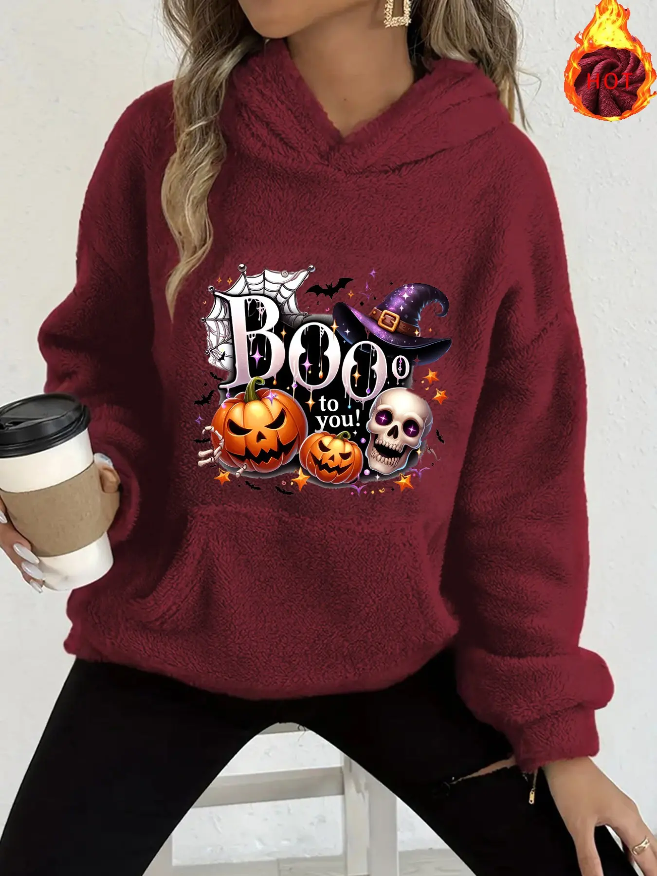 Y2K Flannel Hoodie, Halloween Pumpkin Skull Witch Hat Print, Loose-Fitting Warm Cozy Fall Apparel, Fashion Cartoon Pattern