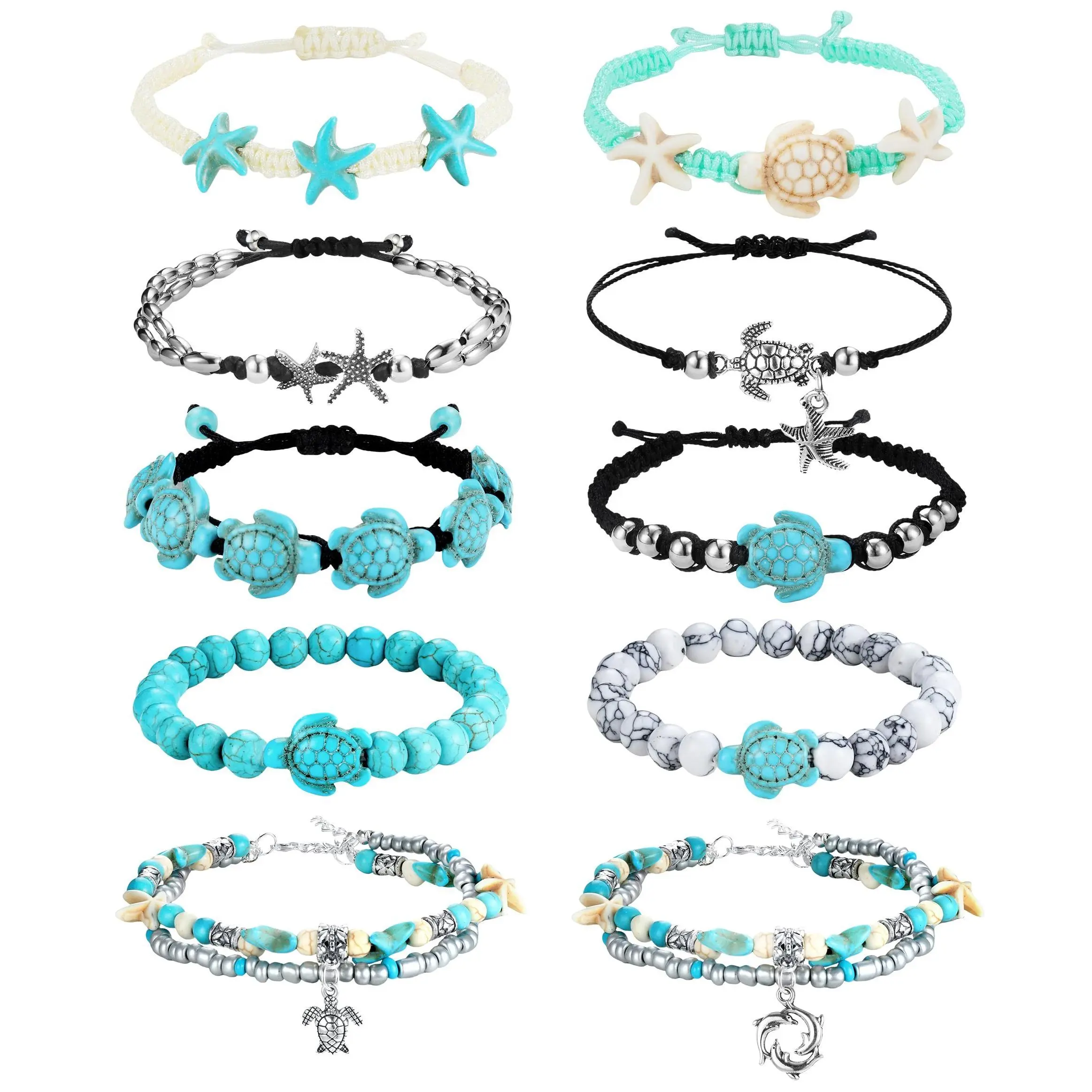 FASACCO 10-Count Nautical Fabric Bead Bracelet Set - Waterproof Handcrafted Stretch Multi-String Stackable Anklets for Women with Starfish, Sea Turtles, Tortoise Shell Charms, Adjustable Summer Beach Accessory Blackfriday