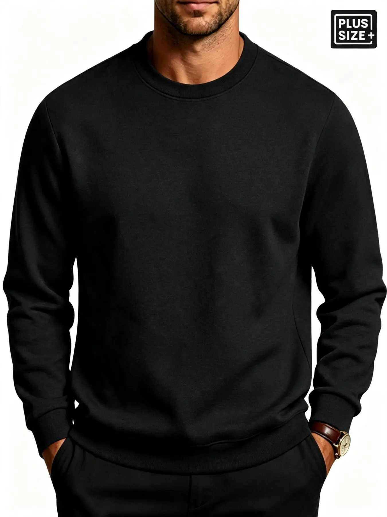 Men's Plus Size Solid Black Crew Neck Long Sleeve Sweatshirt, Loose Soft Breathable Casual Basic Pullover Top For Big & Tall Guys, Husky Men, Overweight Males, Autumn Winter Daily Street, Jogging, Gym, Travel, Home Lounge Outfit, Minimalist Rare Aesthetic