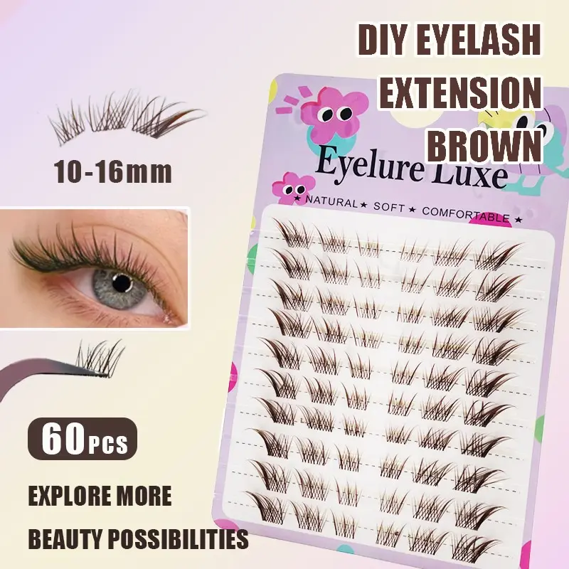 60pcs Brown Fox Cat Cluster Lashes Natural Look Fluffy Faux Mink False Eyelashes Extension Makeup Lash Clusters Manga Lashes Fox Cat Eye Lashes Left & Right Individual Lashes Wispy Natural Styles DIY Lash Extension Natural Cluster Lashes