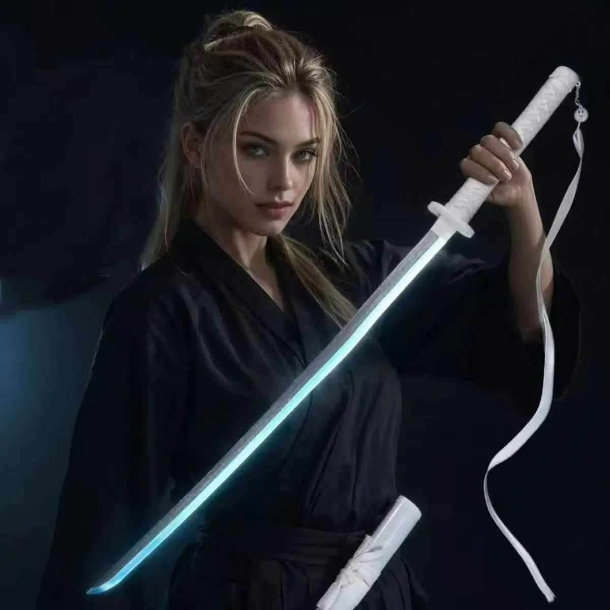 Unisex Wooden Katana Sword, 40.94in-104cm Luminous Ice Blue LED Light, White Handle & Scabbard, Rechargeable Anime Cosplay Wall Decor Ornament