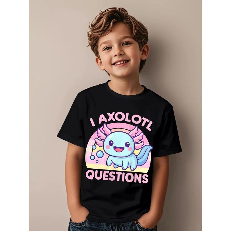 Girls' Funny Cute Axolotl Graphic T-Shirt - "I Axolotl Questions" Slogan with Pink Lettering & Mexican Walking Fish Design, Soft Round Neck Short Sleeve Casual Summer Top for Casual Attire, Playdates & Themed Events - Breathable Comfortable 'pparel