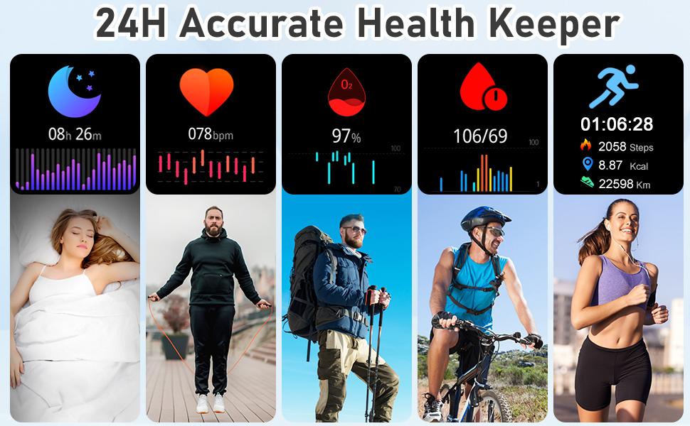 Fitness Tracker with 24/7 Heart Rate, Blood Oxygen Blood Pressure Sleep Monitor, Activity Trackers 5 ATM Waterproof,Step Calorie Counter Pedometer Health Smart Watch for Women Men