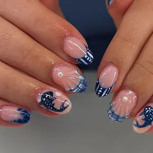24pcs Shell Whale Shark Nail Stickers, Blue Tie Dye, 3D Gel Shell, Pearl Decor, Summer Manicure Essentials, for Women and Girls, DIY Nails Art