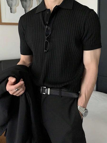 Men's Muscle V Neck Polo Shirts Slim Fit Short Sleeve Golf T-Shirts Ribbed Knit Soft Tees, Men'S Clothing, Men'S Tops, Comfortable And Trendy Design, Suitable For Daily Travel