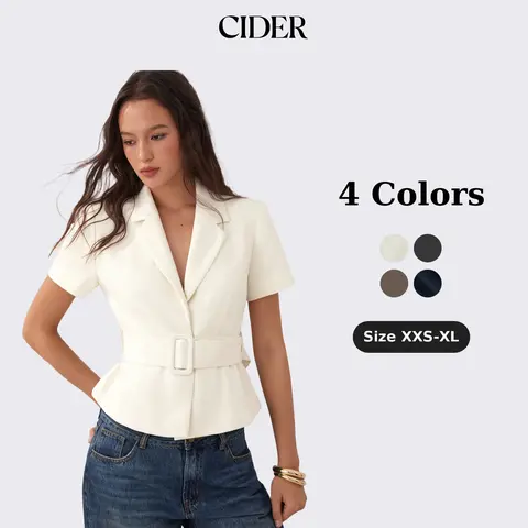 Cider Collar Short Sleeve Peplum Belted Blazer With Shoulder Pads