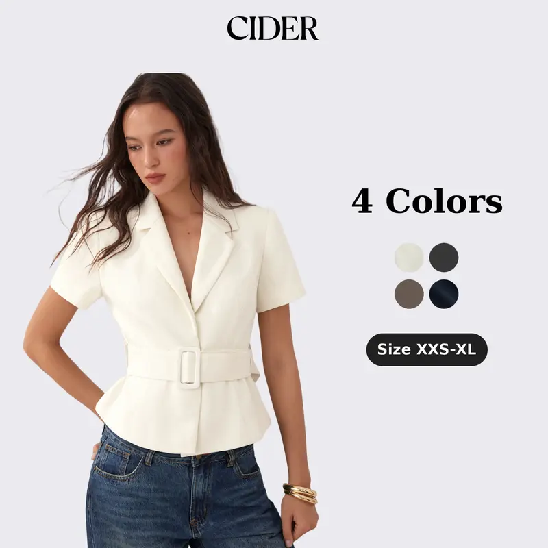 Cider Collar Short Sleeve Peplum Belted Blazer With Shoulder Pads