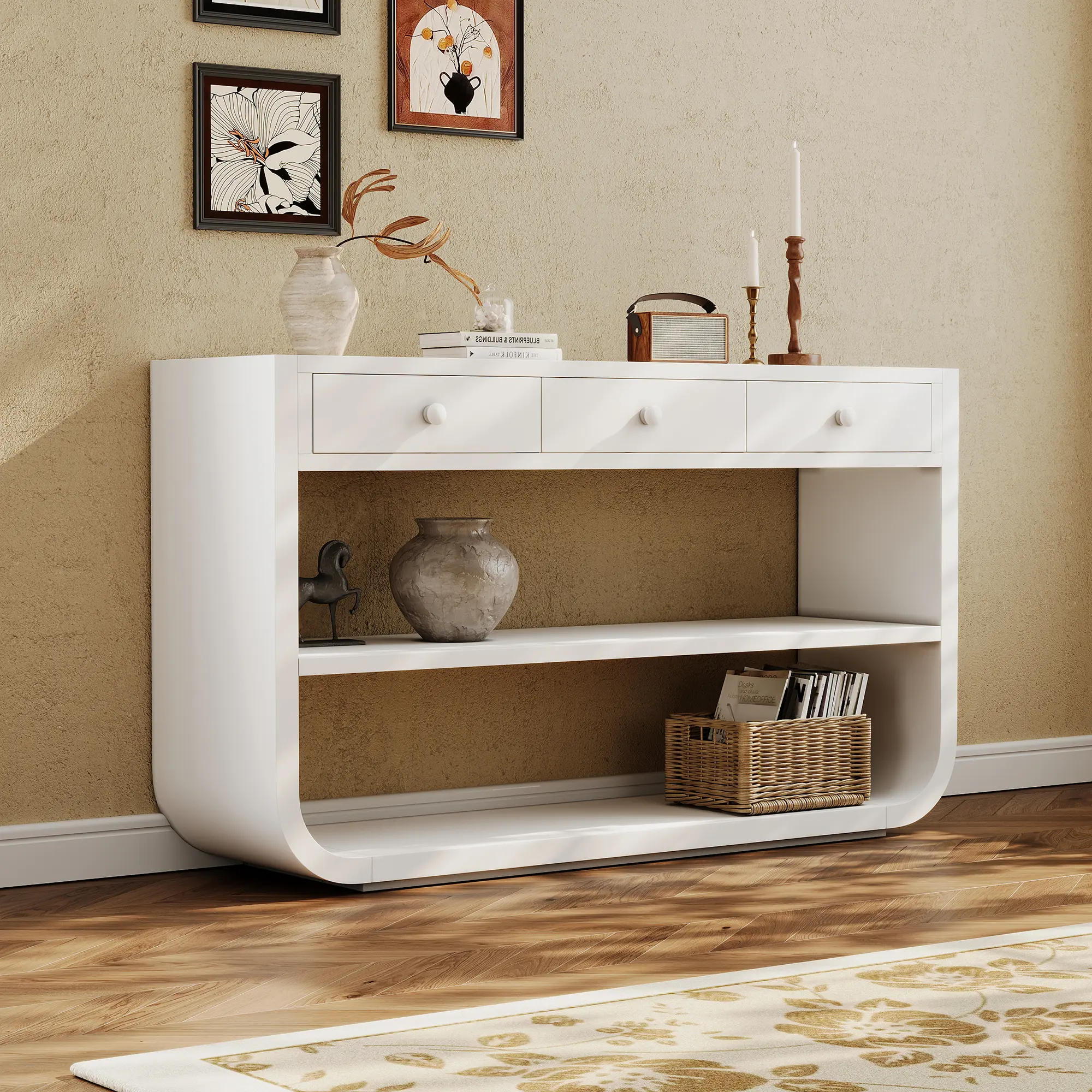 55" Modern Curved Console Table with 3 Soft-Close Drawers and 2 Open Shelves, White, YATU Living