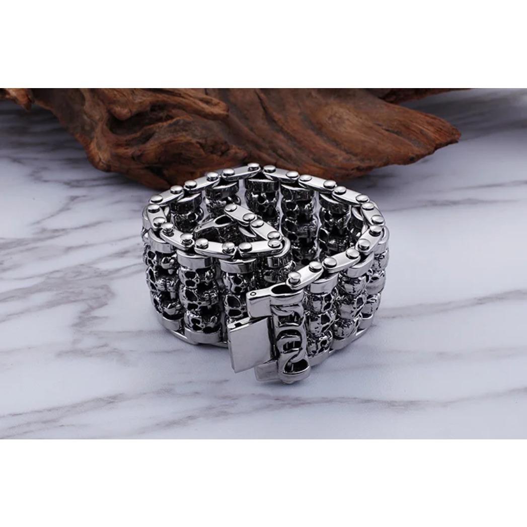 Punk 316L Stainless Steel Multiple Skull Heads Charm Bracelet for Men, Biker Hand Chain, Gothic Heavy Metal Jewelry,