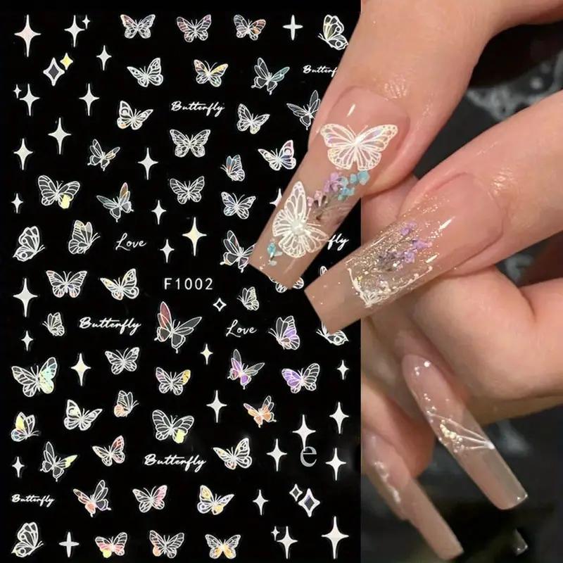 Butterfly Pattern Nail Art Sticker, 8 Sheets/bag 3D Self-adhesive Nail Art Supplies, Holographic Laser Glitter Butterfly Nail Design Nail Stickers